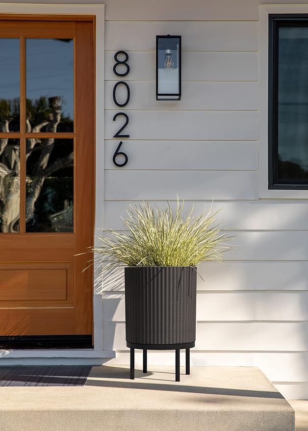 Veradek Demi Series Round Planter w/ Stand for Porch/Patio | Durable Plastic-Concrete & Wooden Stand | Modern Décor for Tall Plants, Flowers VeradekOutdoor