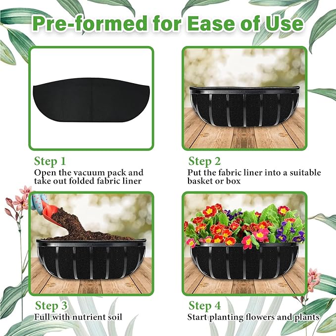 Riare 6 Pack 30 Inch Black Felt Window Box Liners- Fabric Trough Planter Basket Liners Replacement, Non-Woven Hanging Plant Liner for Wall Hanging Basket, Garden Fence Railing (Avoid Bird Nesting) Riare