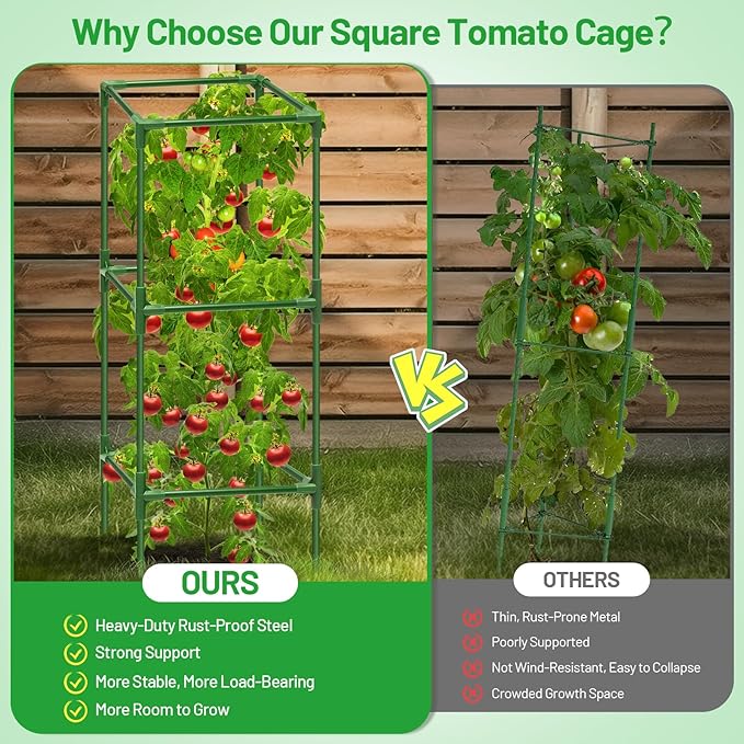 Legigo 4 Pack Square Tomato Cages for Garden- Up to 45 Inch Tomato Trellis Plant Cages Support, Tomato Stakes and Supports Cage for Climbing Vegetables Raised Garden Bed Cucumbers Peppers Flowers Legigo