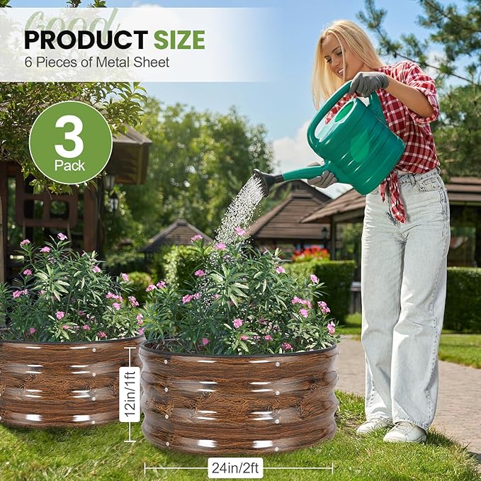 G GOOD GAIN Round Raised Garden Bed - 3Pcs 2x2x1ft Galvanized Steel Planter Boxes Outdoor with Rubber Edge Trim | Metal Raised Beds for Gardening Vegetables Flowers Fruits Herbs (Wood Grain) GGOODGAIN