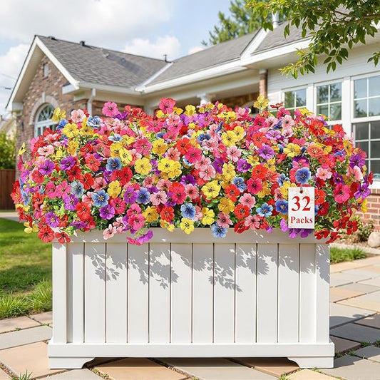 Alupssuc 32 Bundles Artificial Flowers for Outdoors Decoration, UV Resistant Silk Faux Floral Spring Fake Plastic Plants Greenery for Outside Indoor Home Garden Porch Window Box Decor, Mix 6 Colors Alupssuc
