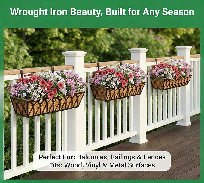 Y&M 30 Inch Window Deck with Coco Liner, Fence Metal Hanging Flower Planter Basket Deck Railing Planter Boxes for Outdoor Garden Lawn, 24" Window Boxes Horse Trough with Coconut Coir Liner,2pcs YM