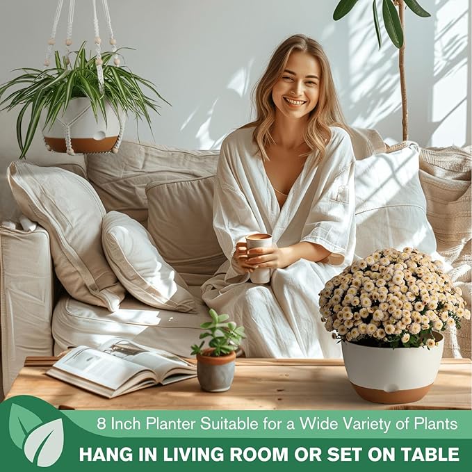 montresor Set of 2-8 Inch Hanging Planters for Indoor Plants with Self-Watering Includes Hanging Pots for Plants, Outdoor Plant Pot with Drainage, and 2 Types of Hanging Baskets Hangers (White) Montresor