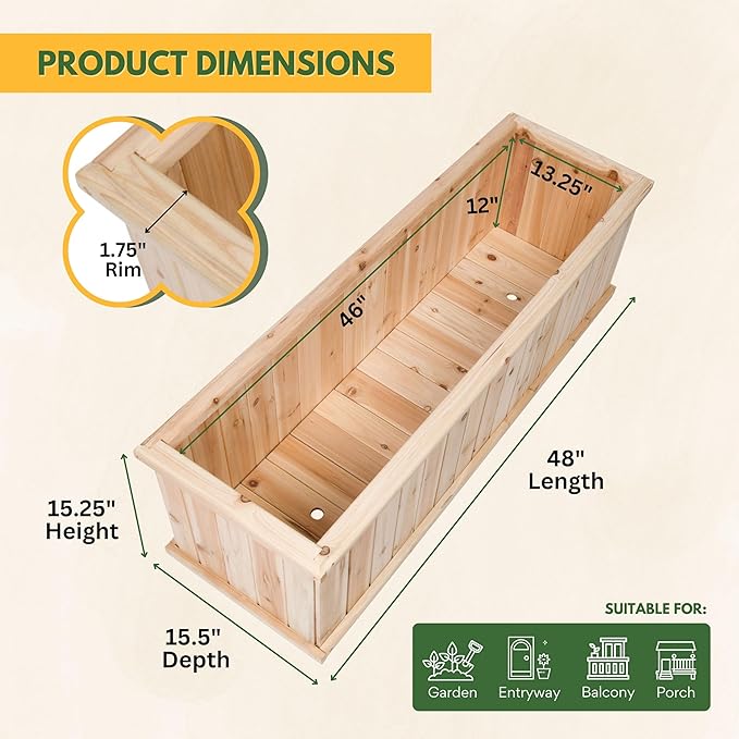 Shine Company Premium Cedar Raised Garden Bed, Planter Box for Vegetables, Flowers, or Herbs 48" L x 13.25" D x 12.5" H ShineCompany