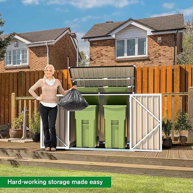AECOJOY Outdoor Trash Can Storage, 46 Cu.Ft White Trash Can Storage Cabinet Shed Outdoor Horizontal Storage Cabinet Waterproof, Garbage Can Storage Bicycle Sheds & Outdoor Storage Clearance