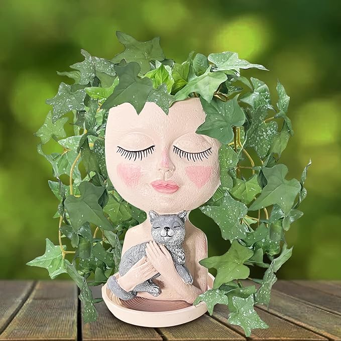 Face Plant Pots Head Planters - Face Flower Pot Head Planter with Cat, Succulent Pots with Drainage Hole, Resin Lady Planter for Indoor Outdoor, Home Decor, Mother's Day/Women Gifts ASDFG