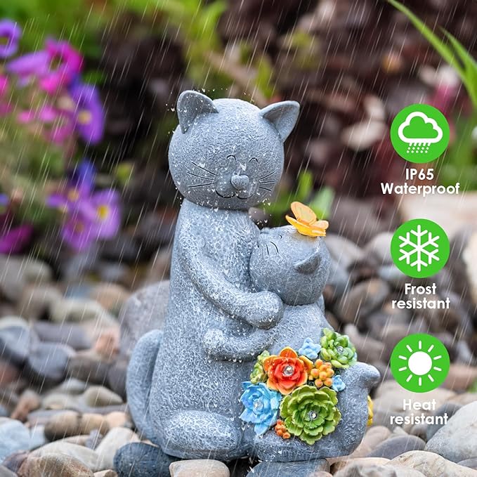 Solar Garden Statues Loving Cat Figurine Lights for Outside, Yard Decorations Outdoor, Garden Decor Unique Mothers Day Birthday Housewarming Gifts for Mom, Women, Lover Candieslife