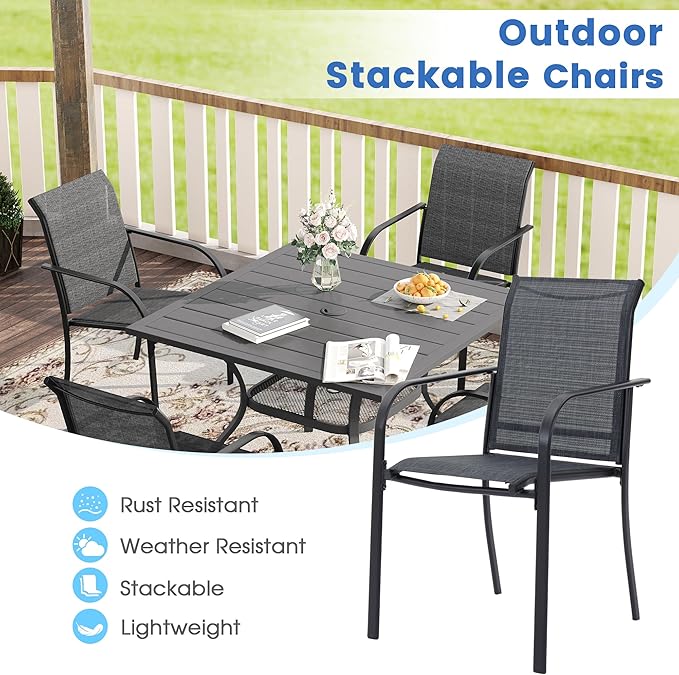 VICLLAX 5 Pieces Patio Dining Set, Outdoor Furniture Set Includes 41.2" Round Patio Table and 4 Patio Sling Chairs, Grey Wood-Like Tabletop and Dark Grey Fabric HOME