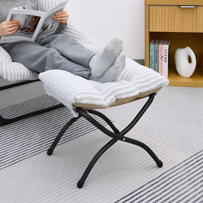 15"(H) Folding Ottoman, Foldable Footrest Stool, Portable Small Foot Stool for Couch, Collapsible Foot Rest Ottoman for Sofa, Accent Padded Ottomans for Living Room, Bedroom, Stripe Grey MordchilHF