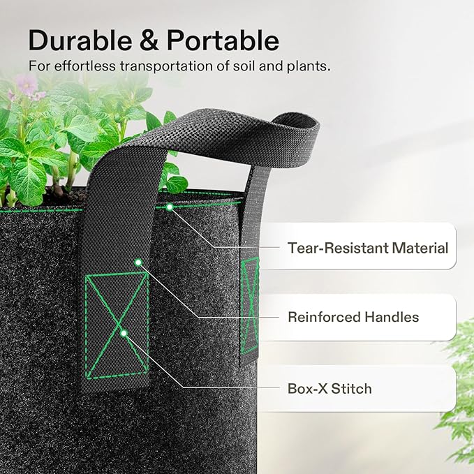VIVOSUN 5-Pack 7 Gallon Plant Grow Bags, Heavy Duty Thickened Nonwoven Fabric Pots with Handles VIVOSUN