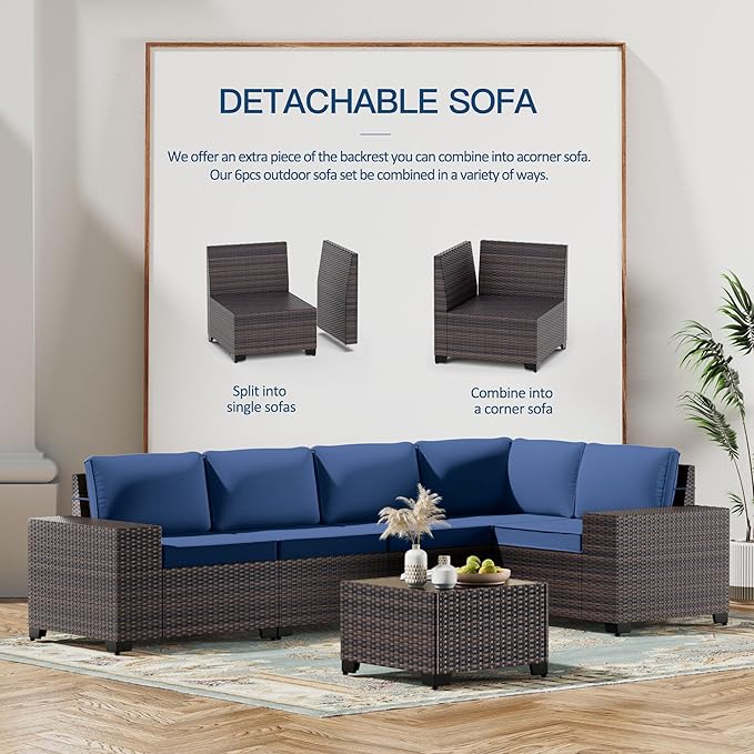 Kullavik 13PCS Outdoor Patio Furniture Set with 43" 55000BTU Gas Propane Fire Pit Table PE Wicker Rattan Sectional Sofa Patio Conversation Sets,Navy Blue KULLAVIK