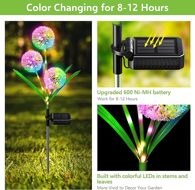 Solar Lights Outdoor Garden Decor: 2 Pack Upgraded Solar Dandelion Garden Light Decorative Landscape Lighting - Waterproof Outside Color Gift for Mothers Day Decoration for Yard Lawn Patio BONLION