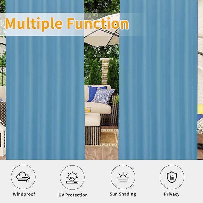 Easy-Going Outdoor Patio Curtains Detachable Tab Top Windproof Weatherproof Curtain for Cabana, Porch, Pergola and Gazebo, Tab Bottom Drape, 2 Panels, 54W x 120L inch, Sky Blue Easy-Going