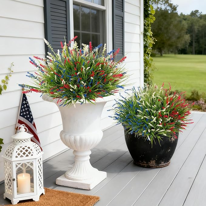 Artificial Faux Plants for Outdoor Spring Decoration, 12 Pcs Fake Monkey Grass for Garden Porch Balcony Planters, Fake Flowers Shrubs UV Resistant No Fade Plants Greenery Bush (Red Blue White) Ammyoo