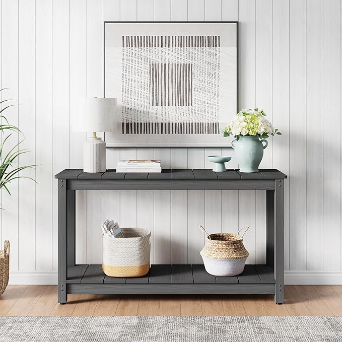 Stoog All-Weather Console Table, 2-Tier Patio Console Table Outdoor with Storage, Low Maintenance, and Never Fade or Rot, Grey Stoog