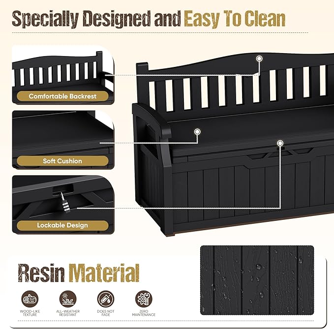 80-Gallon Outdoor Storage Bench with Cushion, Lockable Waterproof Deck Box with Armrests for Patio, Garden, Pool, Black Acurax