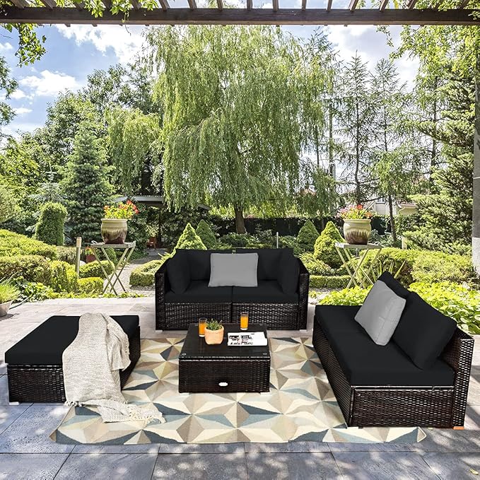 Tangkula 6 Piece Patio Furniture Set, Outdoor Deck Lawn Backyard Durable Steel Frame PE Rattan Wicker Sectional Sofa Set, Conversation Set with Coffee Table (Black) TANGKULA