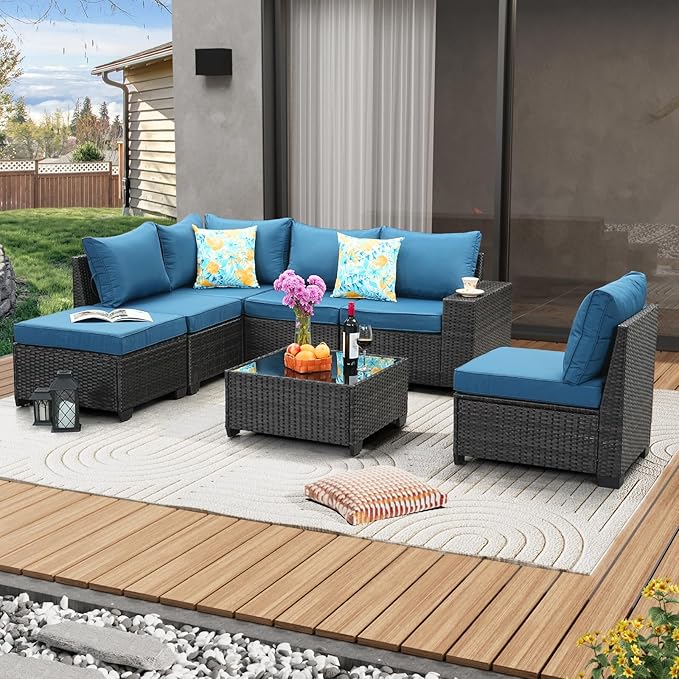 7 Pieces Patio Furniture Set All-Weather Outdoor Wicker Sectional Conversation Sofa Rattan Patio Seating Sofa with Cushion and Glass Table for Porch Poolside,Peacock Blue JOYURE