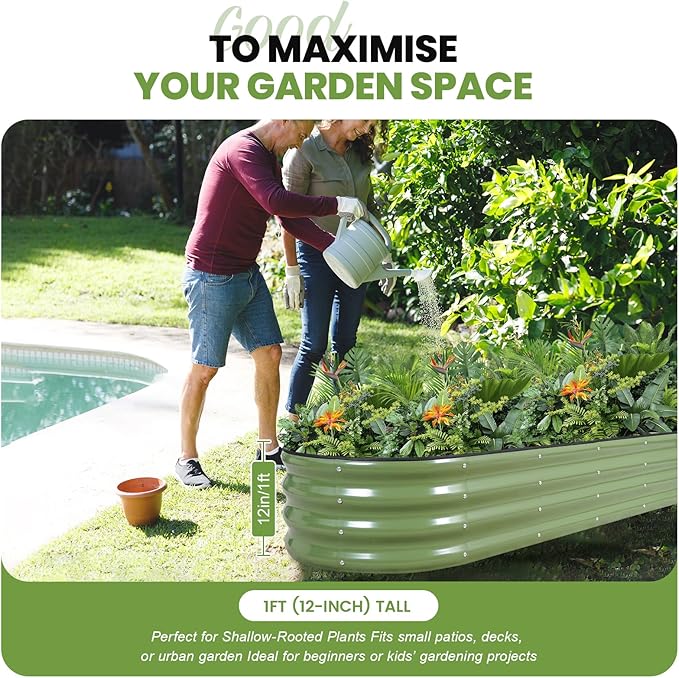 G GOOD GAIN Raised Garden Beds - 8x2x1ft Galvanized Planter Boxes Kit with Protective Tape & Gloves & Tools | Oval Metal Outdoor Raised Bed for Gardening Vegetables, Fruits, Flowers, Herbs, Oliver GGOODGAIN