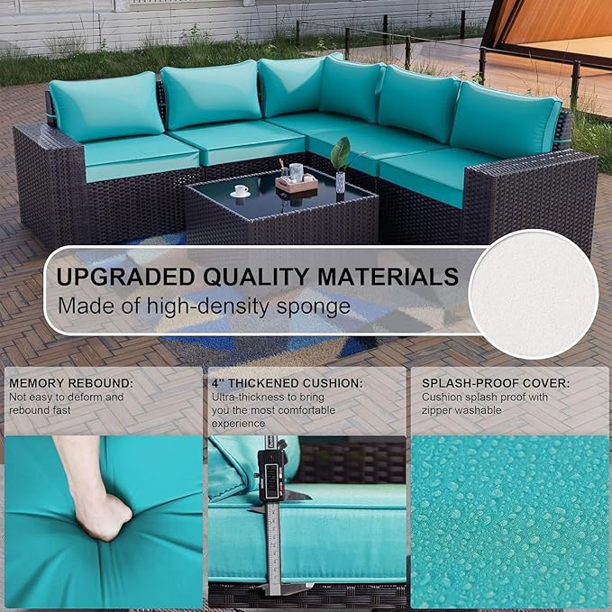 Kullavik 6PCS Outdoor Patio Furniture Set PE Wicker Rattan Sectional Sofa Patio Conversation Sets,Blue KULLAVIK