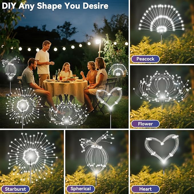 Garden Outdoor Lights, 4 Pack 120 LED Solar Garden Lights Fairy Lights Outdoor Waterproof Decorative Solar Firework Lights for Yard Patio Pathway Flowerbed Party Wedding Decor, White Slyuexu