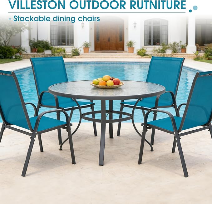Outdoor Stackable Chairs Set of 4, Stacking Patio Chairs with Textilene Fabric, Outside Furniture for Garden Backyard Balconie Poolside Deck, Blue Villeston