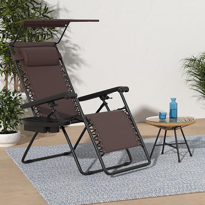 Best Choice Products Folding Zero Gravity Outdoor Recliner Patio Lounge Chair w/Adjustable Canopy Shade, Headrest, Side Accessory Tray, Textilene Mesh - Brown BestChoiceProducts