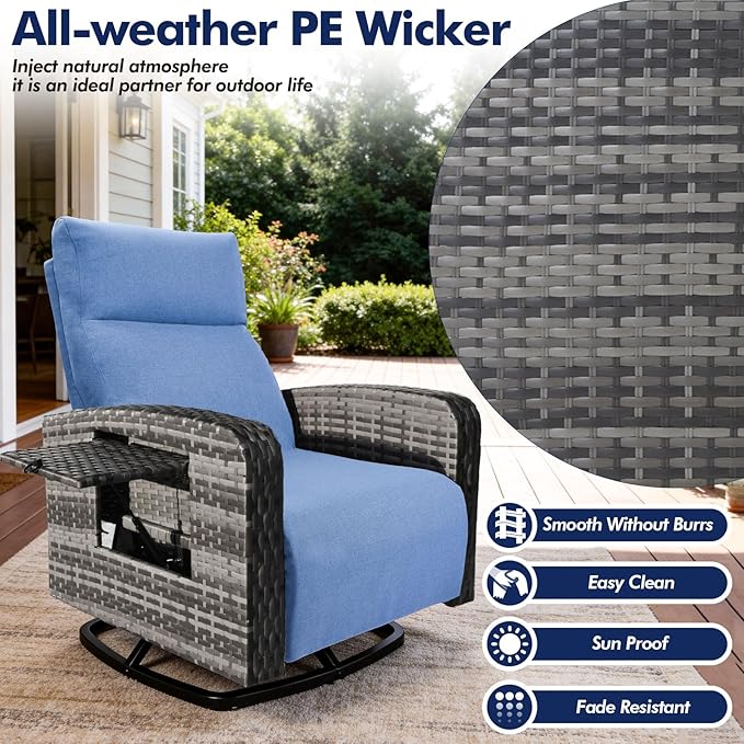 Outdoor Recliner Chair Set of 2, Wicker Patio Recliners with Adjustable Backrest and Extended Foot Rest, Reclining Patio Chairs with Flip Table & Removable Cushion Cover for Porch zzw