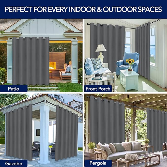 PureFit Outdoor Curtains for Patio Waterproof Weatherproof, UV Resistant Outside Curtains for Gazebo, Front Porch, Pergola, Sun Blocking Privacy Curtain, 100W x 108L inch, 1 Panel, Gray PureFit