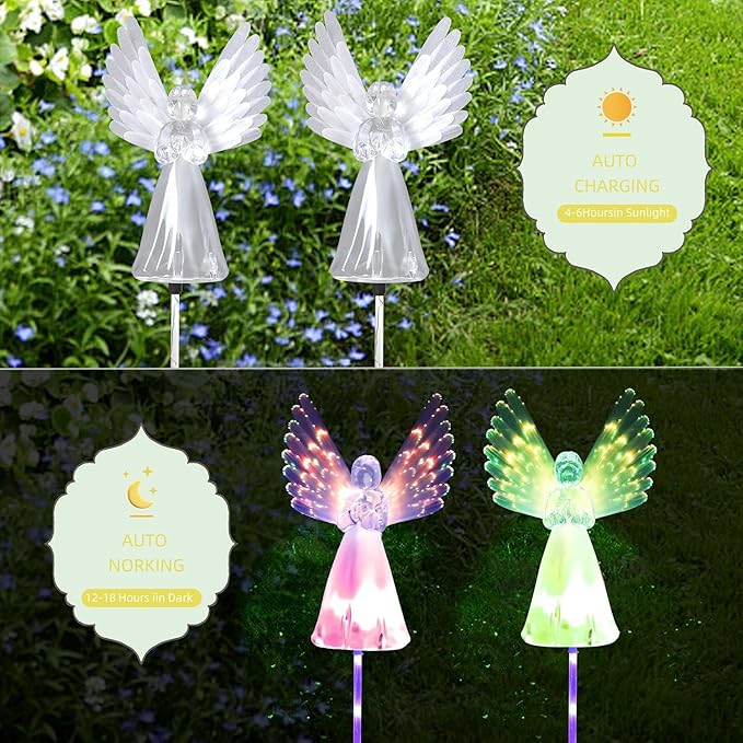 Angel Solar Lights for Cemetery, 2 Pack Solar Lights Outdoor Garden, Color Changing Decorative Angel Lights for Yard Patio Pathway Grave Decoration Memorial Gifts Rirool