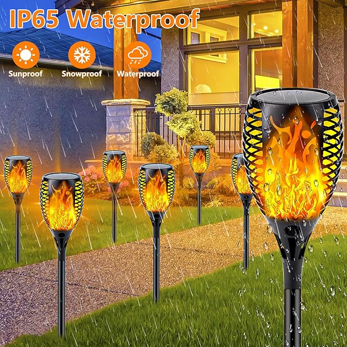 Upgraded 8 Pack Super Larger Size Solar Torch Lights with Flickering Flame, Extra Bright Solar Lights Outdoor Waterproof, Solar Flame Lights Outdoor Solar Tiki Torches for Garden Pathway Auto On Off SANJICHA