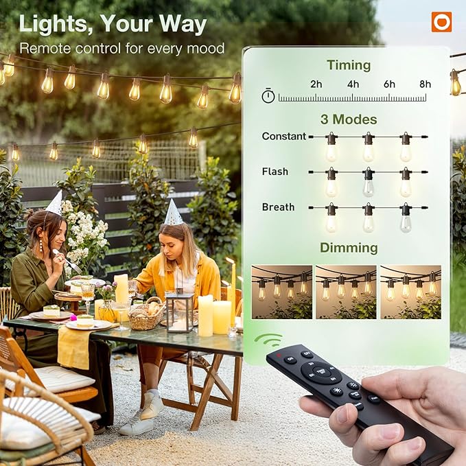 addlon 200FT LED Outdoor String Lights, Remote Dimmable Patio Lights with Timer & 3 Lighting Modes, 64 Shatterproof Edison Bulbs, Waterproof Connectable String Lights for Outside Backyard Porch Party addlon