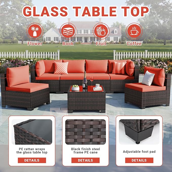 LEVELEVE 7 Pieces Outdoor Patio Furniture Sets,Rattan Conversation Sectional Set,Manual Weaving Wicker Patio Sofa with Tea Table Enjoyyourlife