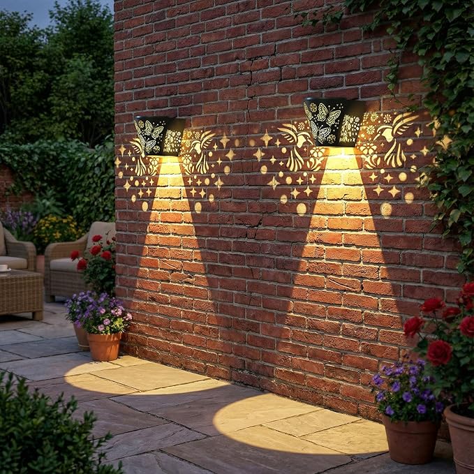 2 Pack Solar Fence Lights Outdoor Wall lihgts Decorations Metal Solar Deck Lights Waterproof LED Solar Powered Step Light Warm White Decorative Lighting for Garden, Front Door (Hummingbird) Gardsee