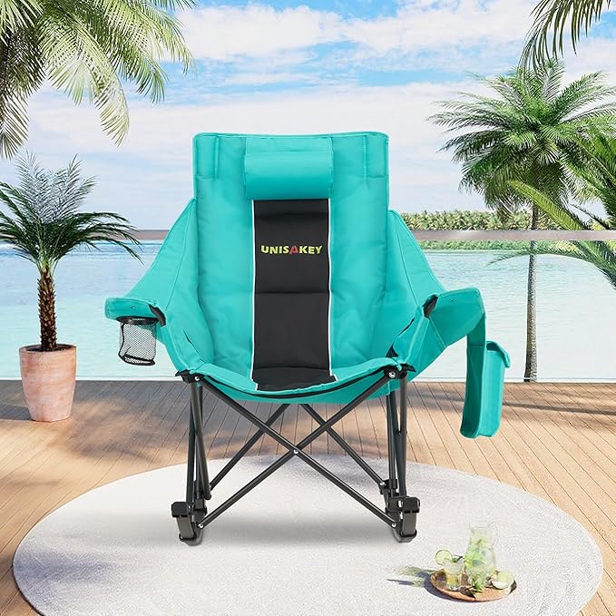 Oversized Rocking Camping Chair with Headrest & Cup Holder - 400lbs Capacity, 600D Oxford Fabric, Easy Fold Portable Outdoor Rocker Chair for Camping, Backyard, Beach, Blackgreen Rootora