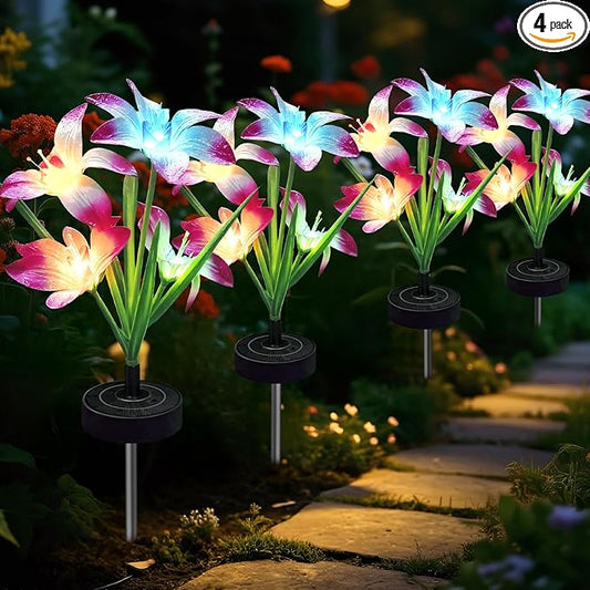 Upgraded Solar Garden Lights, 4 Pack Outdoor Solar Lights, New Round Panel for 40-Hour Runtime, Serve as Outdoor & Indoor Decor, 7-Color Changing Flower Lights, Waterproof for Patio Yard Decoration Rootora