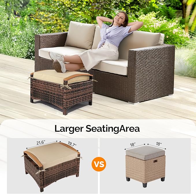VINGLI Wicker Outdoor Ottoman Set of 2, All Weather PE Rattan Footstool for Patio w/Removable Cushions, Waterproof Rattan Foot Rest for Garden, Balcony, Poolside (Brown) VINGLI