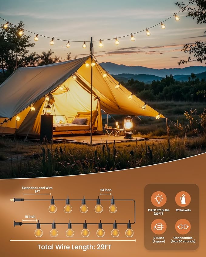 Brightown Outdoor String Lights 29 Feet G40 LED Patio Lights, Plug-in, 13 Plastic Edison Bulbs(1 Spare), Waterproof Connectable Hanging Light for Backyard Porch Balcony Party Decor, E12 Base, Black Brightown