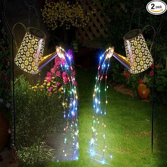 2 Pack Solar Watering Can Lights with Shepherd Hook, 8 Multi-Color Changing Modes, IP65 Waterproof, 60pcs String Lights for Outdoor Garden Pathway Lawn Patio Deck Walkway Courtyard WDLFCGC