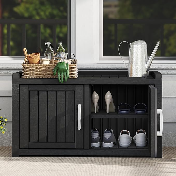2-Tier Storage Bench, Waterproof UV-Resistant Outdoor Shoe Storage Cabinet with 2 Doors & Adjustable Shelves for Indoor Outdoor Entryway, Hallway, Living Room (Midnight Black) NBYSGO