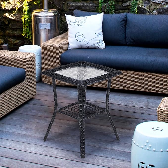 VINGLI Outdoor Side Table with Storage Wicker Patio Side Table, Tempered Glass Top End Table for Balcony Porch Deck (Black) VINGLI