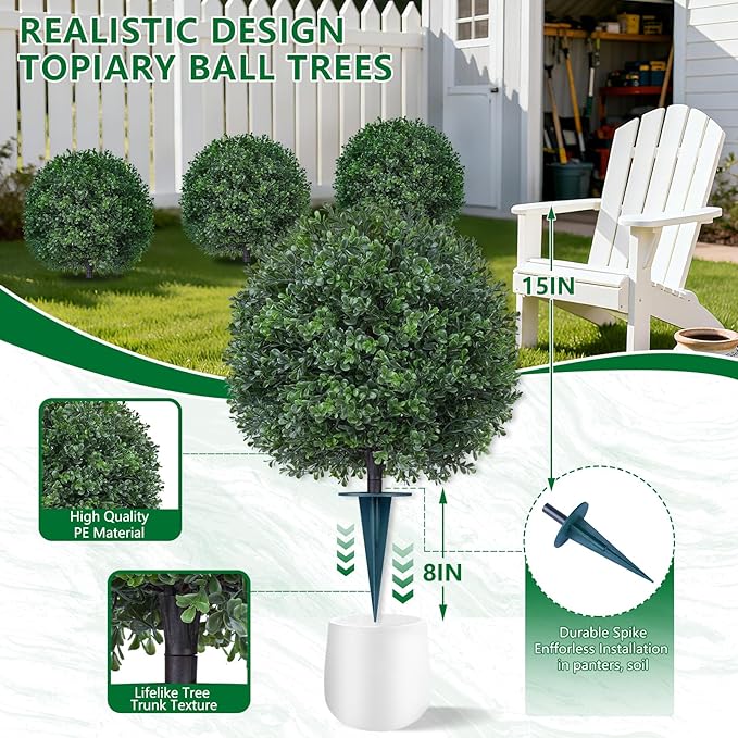 Artificial Boxwood Topiary Trees with Ground Spike,2 Pieces Fake Pine Shrubs Bushes, UV Resistant Faux Evergreen Cypress Tree Plants for Indoor Outdoor Planters Front Porch FEELTHENEWWORLD