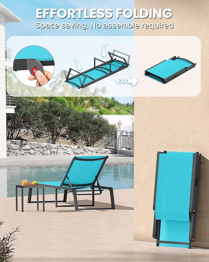 Aluminum Chaise Lounge Outdoor Set of 2, Foldable & Assembly Free Patio Pool Lounge Chairs 5-Position Recliner for Outside Poolside, Fully Grounded Legs Sun Lounger for Beach, Yard, Lake Blue Oasbira