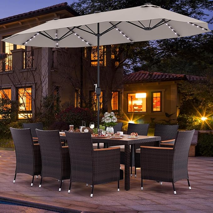 Tangkula 11 Pieces Rattan Outdoor Dining Set with 15Ft Solar Patio Umbrella for 8, Outdoor Wicker Table Set with 8 Cushioned Chairs, Acacia Wood Top, Outdoor Umbrella with Base Included TANGKULA