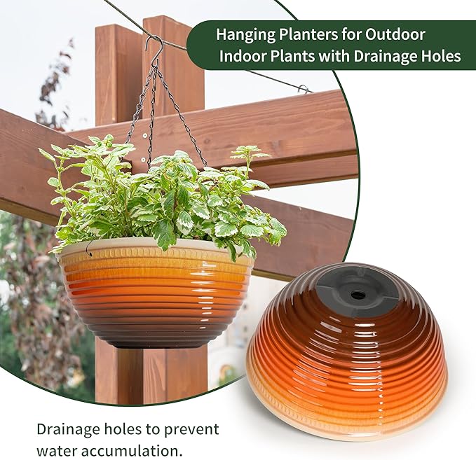 12 inch Hanging Planters for Indoor Outdoor Plants, 2 Pack Large Hanging Flower Pots with Drainage Holes and Chain, Glazed Hanging Baskets for Home Garden Decoration, Orange Vanslogreen