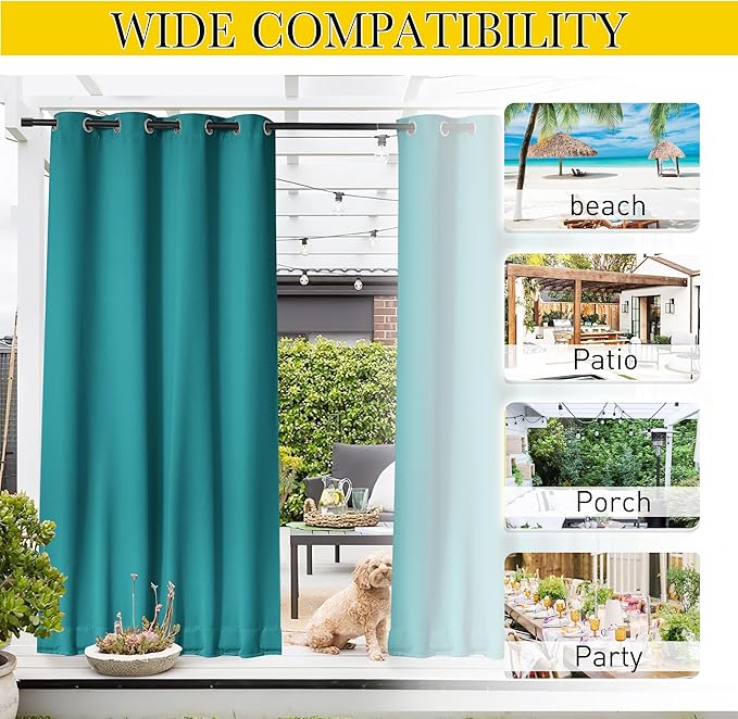 NICETOWN 2 Panels Weighted Blackout Outdoor Curtains for Patio Waterproof, Grommet & Back Tab on top and Bottom Windproof Privacy Thermal Drapes for Deck with Fixed Rope, W52 x L95, Peacock Teal NICETOWN