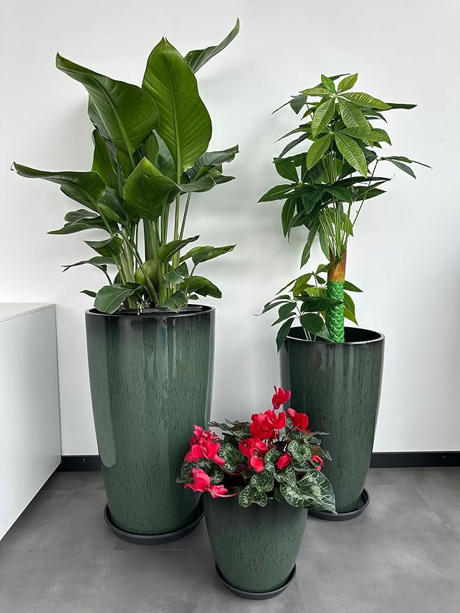 24,21,11 Inch Large Plastic Planters with Drainage Hole and Saucer - Set of 3 Tall Plant Pots Indoor Flower Pot Tall Round Planters Outdoor Large Tall Planter MinCHI257