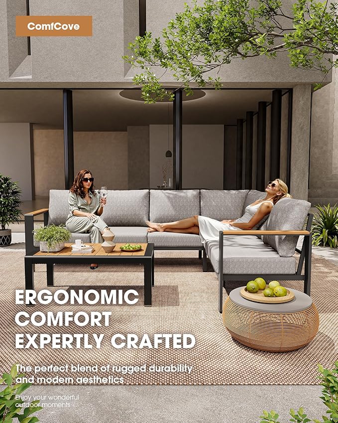 Aluminum Outdoor Patio Furniture Set 8 Seats, Outdoor Sectional Corner Sofa, Patio Conversation Sets with Coffee Table & Washable Thick Cushions, Outdoor Furniture for Backyard, Porch, Gray ComfCove