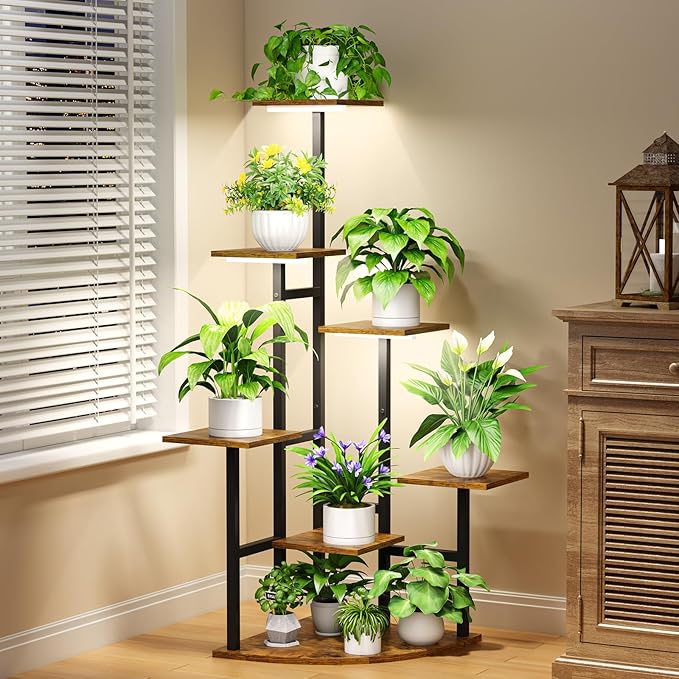 Corner Plant Stand Indoor with Grow Lights, 7 Tiered Plant Shelf Indoor, 43" Corner Plant Stands for Indoor Plants, Metal Plant Flower Display Shelves, Plant Organizer Rack for Living Room, Balcony, Home Decor Nedechom