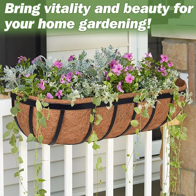 ZeeDix 24 Inch Railing Planter Box, 2 Pack Metal Window Boxes with Coco Liners for Railing, Hanging Flower Boxes for Deck Porch Balcony & Fence Outdoor Indoor Lawn ZeeDix